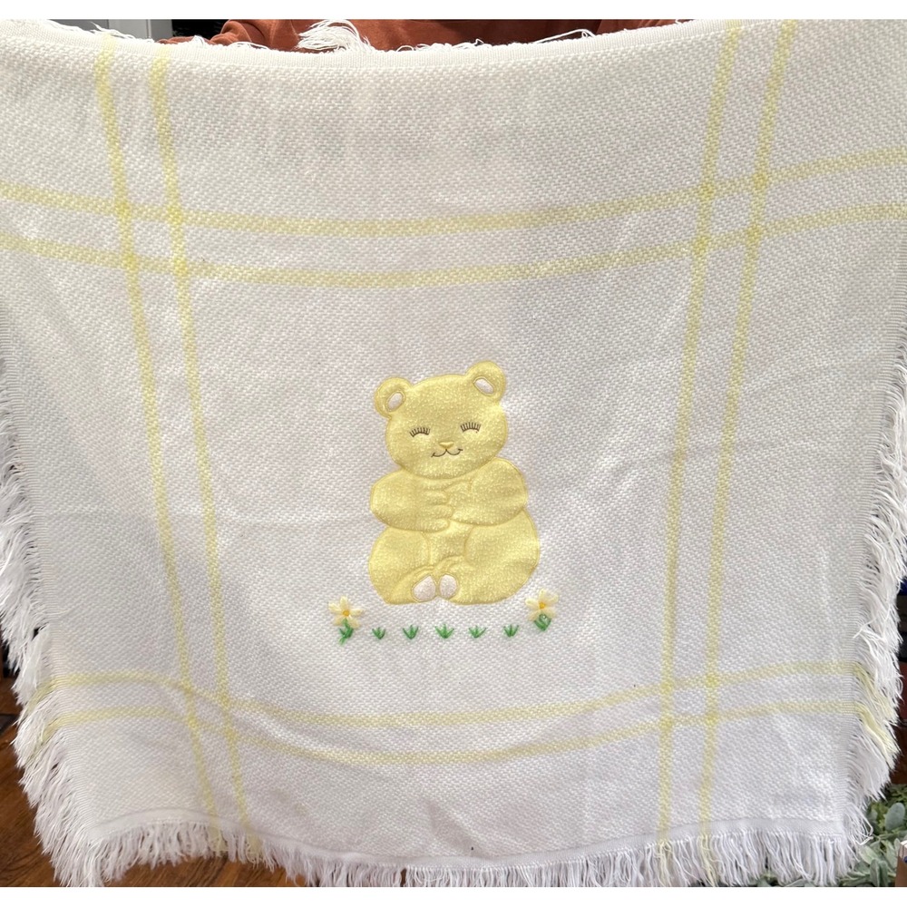 Vintage Welcome Home Baby Blanket‎ Unisex OS White Yellow Excellent Plaid Bear